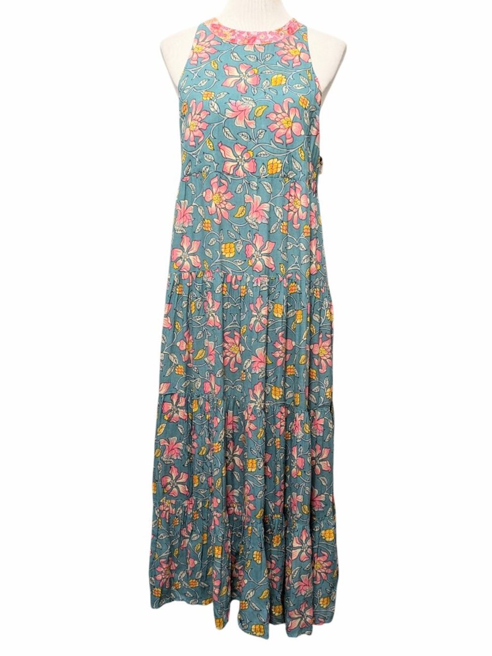 Natural Life Women NWT Sz L Halle Teal Pink Floral Halter Tier Ruffle Maxi Dress - Picture 2 of 11